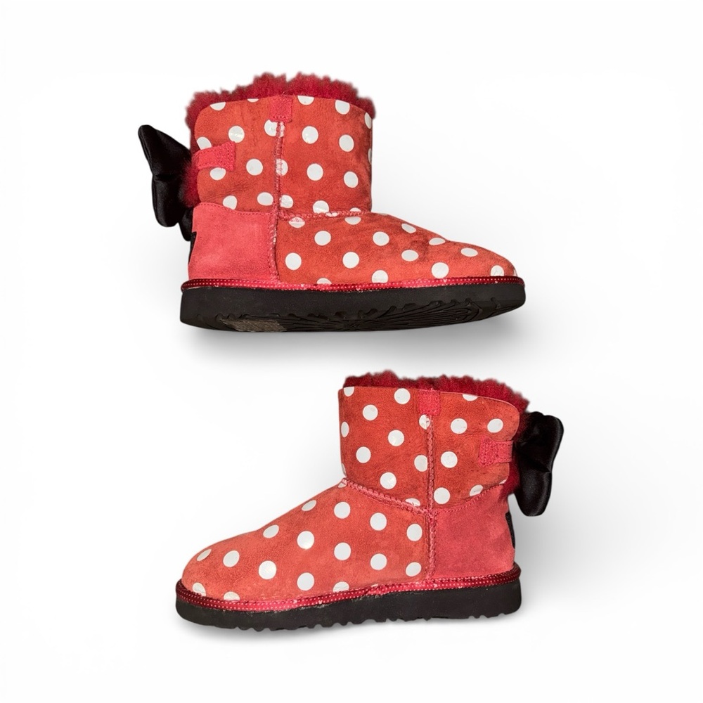Disney Minnie Mouse UGG Red Polka Dot Boots Black Bows Rare Big Girls Size 4 - Picture 5 of 7